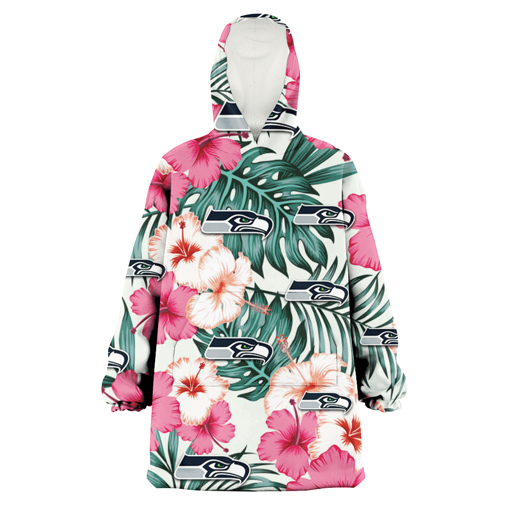 Seattle Seahawks Coral Pink Hibiscus Green Leaf Beige Background 3D Printed Hoodie Blanket Snug Hoodie