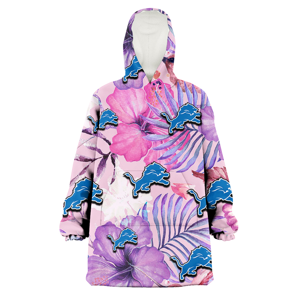 Detroit Lions White Purple Hibiscus Pink Hummingbird Pink Background 3D Printed Hoodie Blanket Snug Hoodie