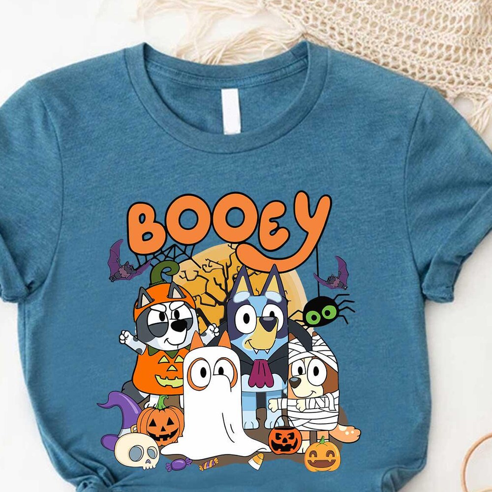 Booey Halloween Shirt, Bluey Halloween, Spooky Cartoon T-Shirt,Witchy Bats Shirt,Halloween Family Matching Gift,Horror Kids Tee,Spooky Vibes Web3Shirt