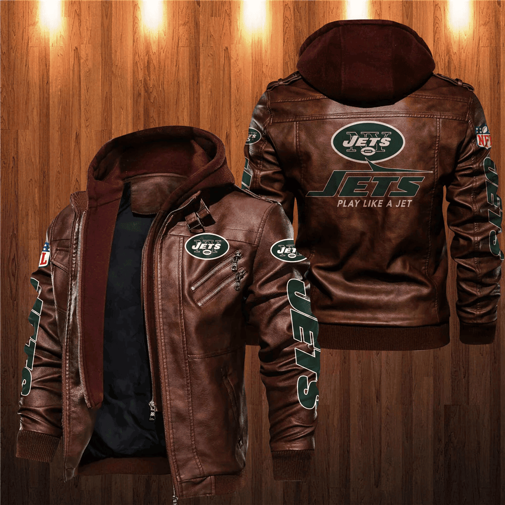 New York Jets Zip Leather Jacket With Hood