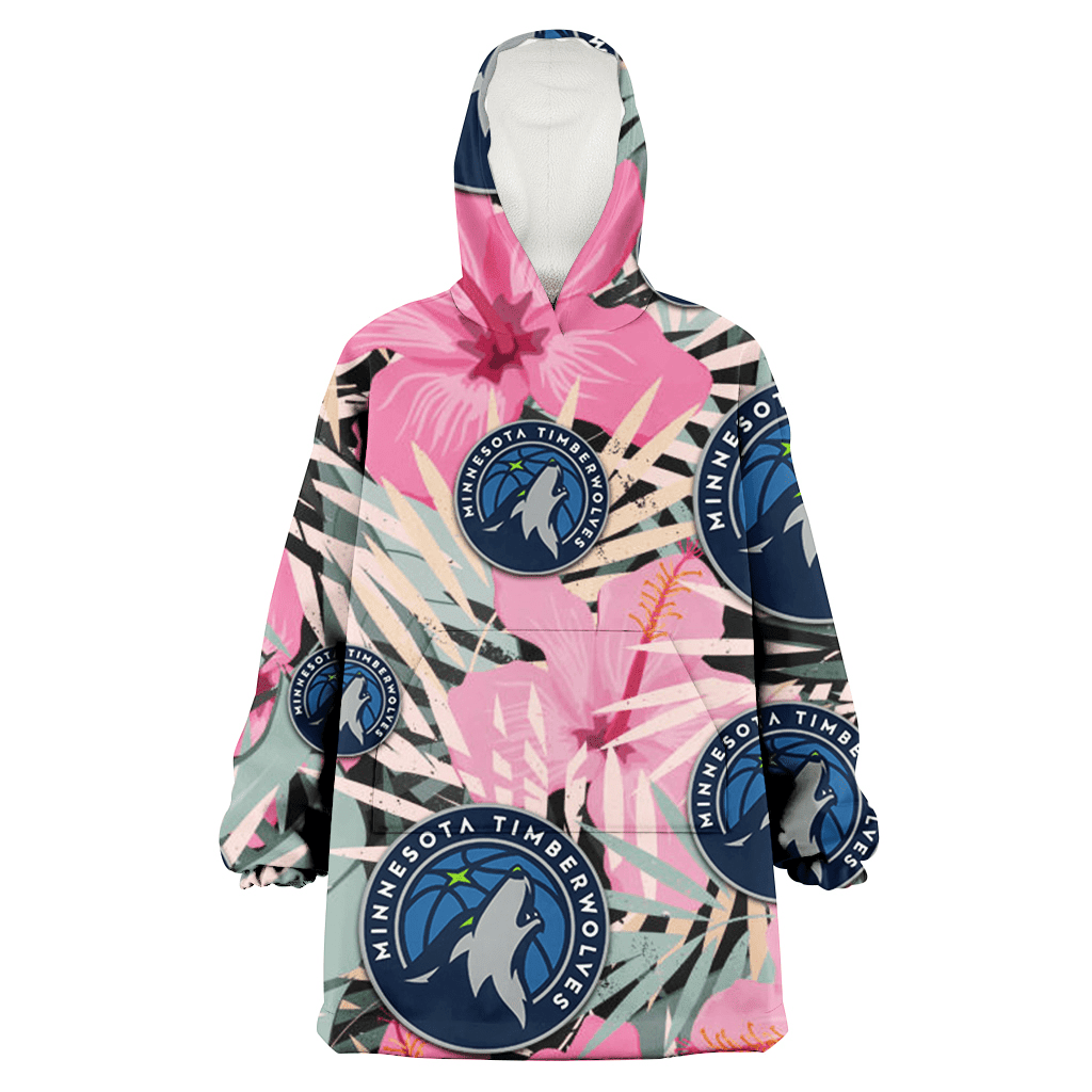 Minnesota Timberwolves Light Pink Hibiscus Pale Green Leaf Black Background 3D Printed Hoodie Blanket Snug Hoodie