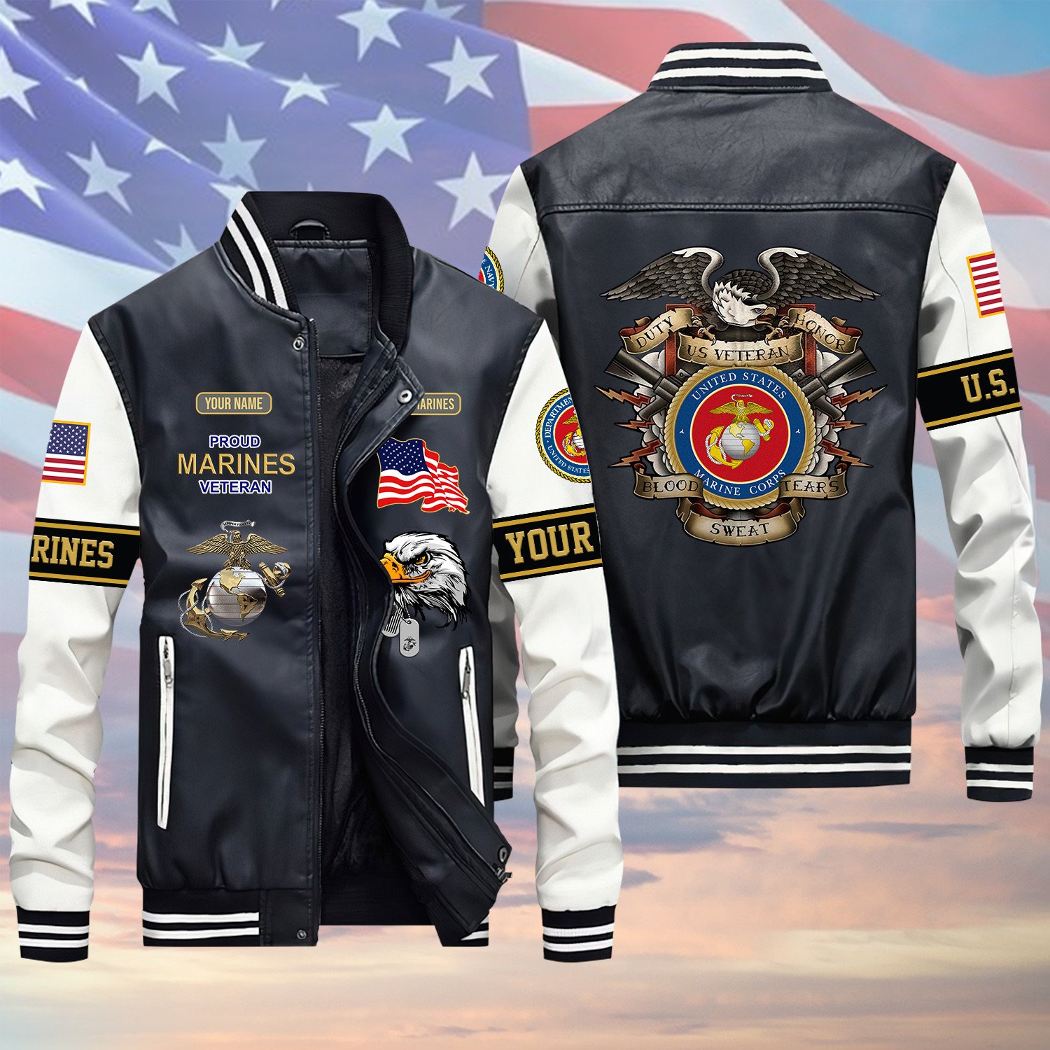 U.S Marine Veteran Duty Honor Blood Tears Sweat Green Winter Gear Leather Bomber Leterman Varsity Jacket