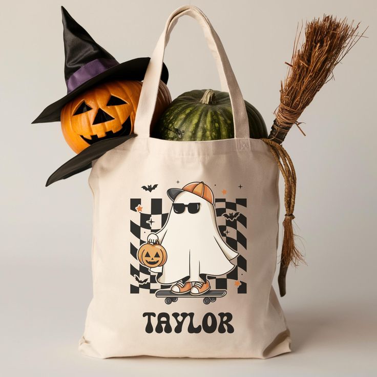 Personalized Retro Ghost Skateboard Trick or Treat Bag, Custom Name Halloween Tote Bag, Trendy Boys Halloween Tote Bag for Candy, Best Tote Bags Ideas, Cute Tote Bags Ideas, Tote Bag Design Ideas, Girls Tote Bag, Best Canvas Tote Bags Ideas