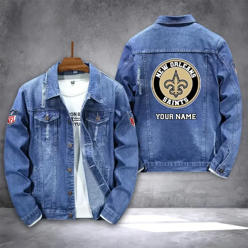 New Orleans Saints NFL Team Name Personalized Back Logo Blue Denim Jacket