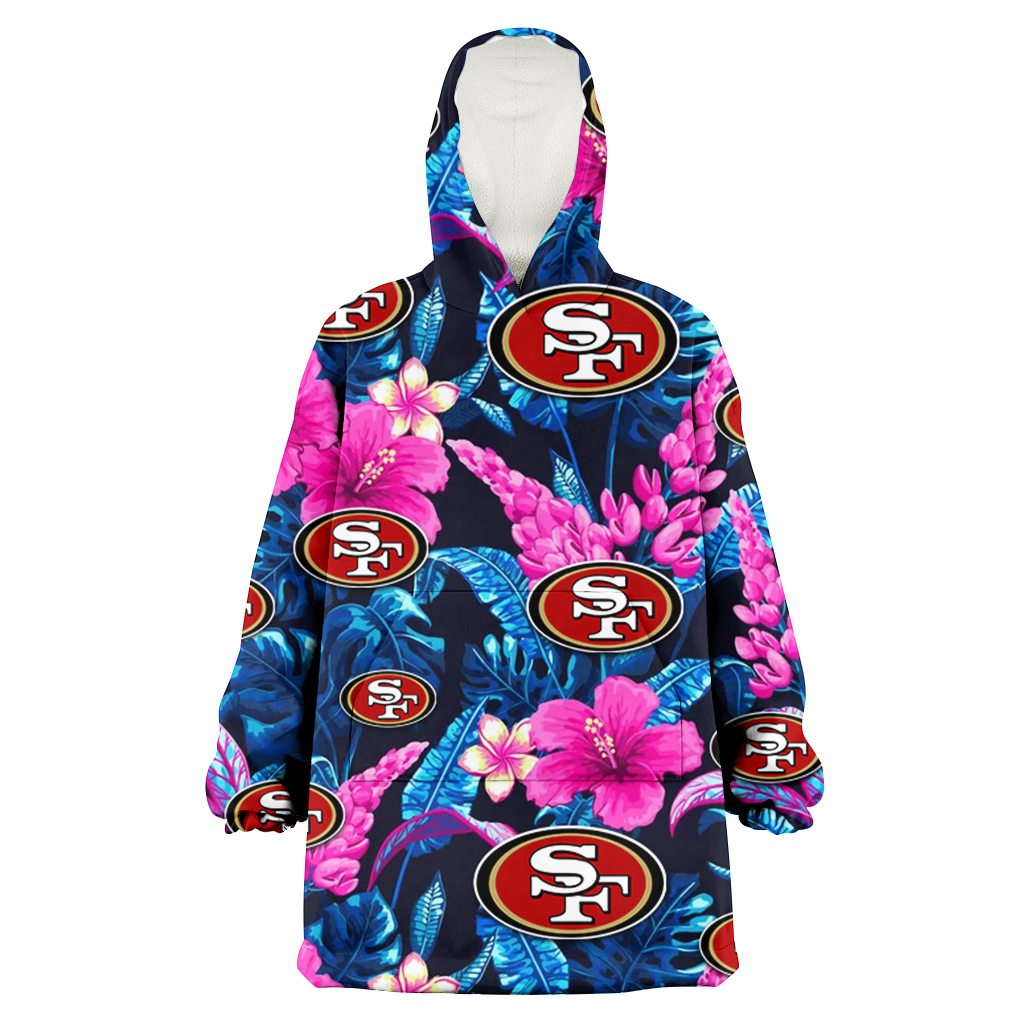 San Francisco 49ers Violet Red Hibiscus Blue Leaf Black Background 3D Printed Hoodie Blanket Snug Hoodie