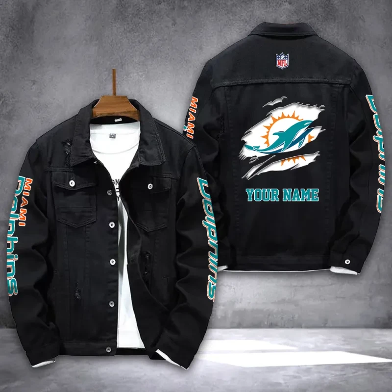 Miami Dolphins NFL Team Name Personalized Sleeve Back Logo Black Slick Pattern Denim Jacket