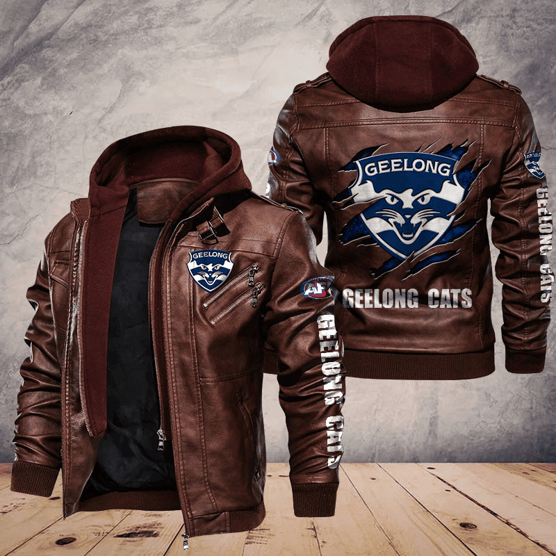 Geelong Cats Zip Leather Jacket With Hood