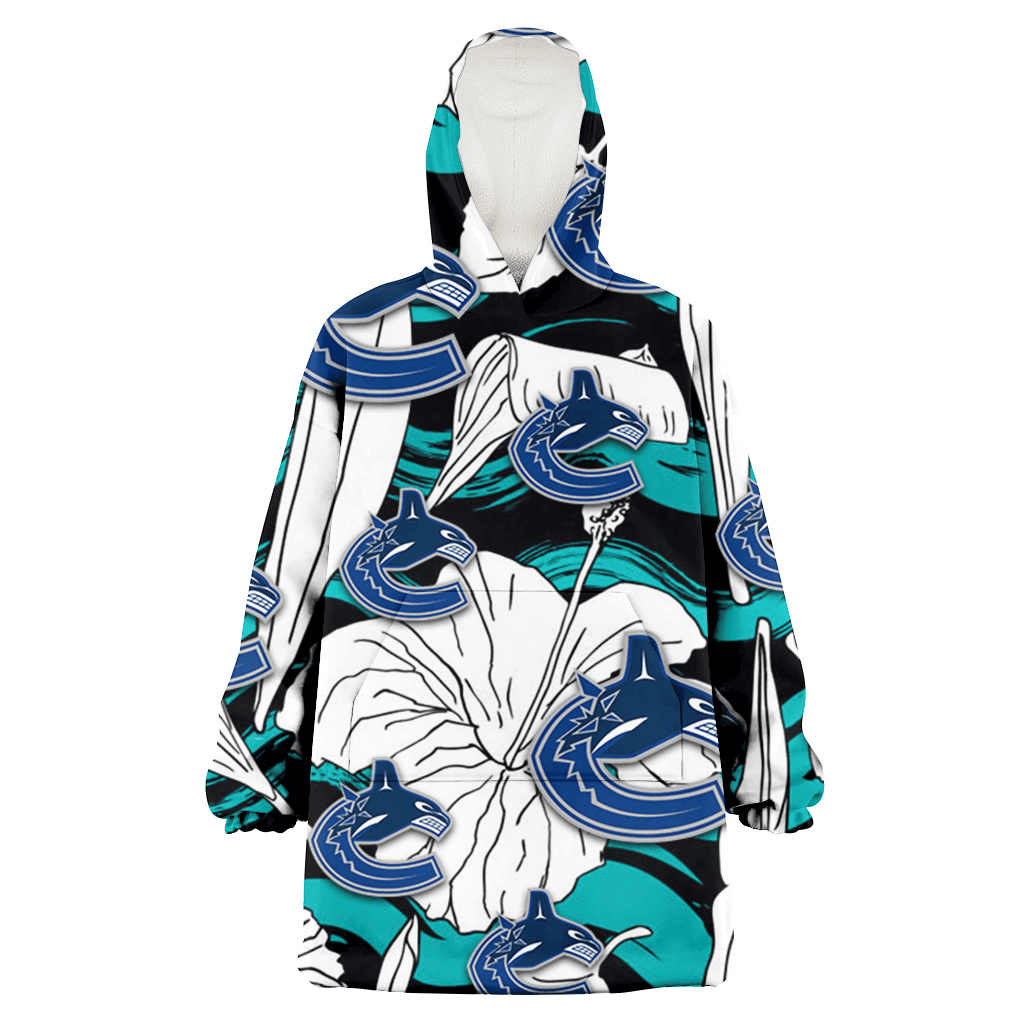 Vancouver Canucks White Hibiscus Turquoise Wave Black Background 3D Printed Hoodie Blanket Snug Hoodie