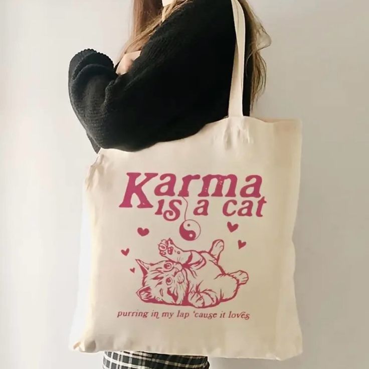 Karma Is A Cat Tote, Best Tote Bags Ideas, Cute Tote Bags Ideas, Tote Bag Design Ideas, Girls Tote Bag, Best Canvas Tote Bags Ideas