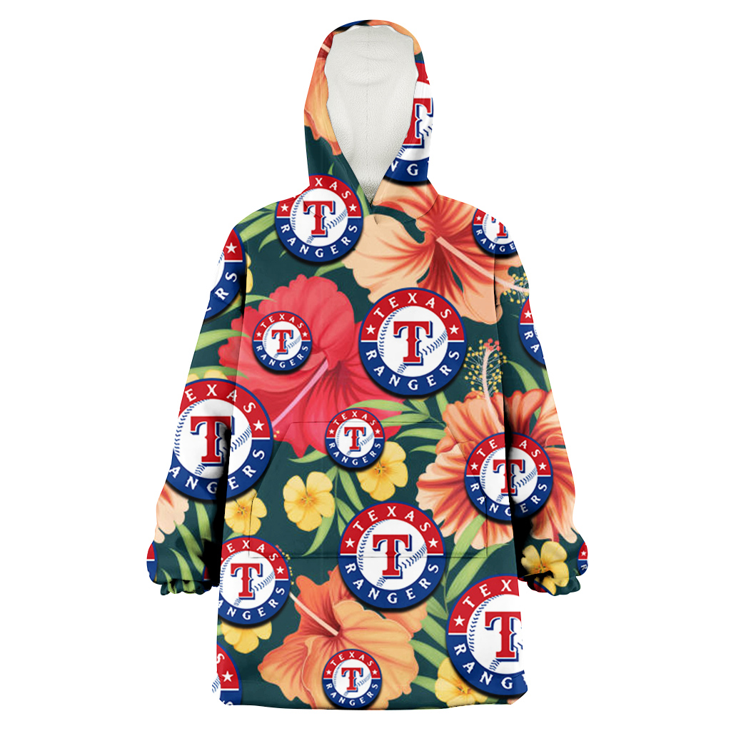 Texas Rangers Orange Red Hibiscus Green Leaf Dark Background 3D Printed Hoodie Blanket Snug Hoodie