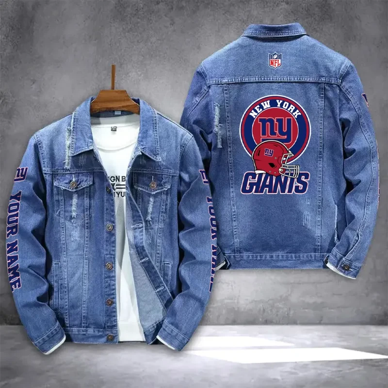 New York Giants NFL Team Name Personalized Sleeve Back Logo Blue Denim Jacket