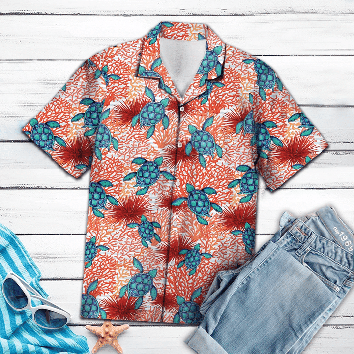 Hand Drawn Blue Turtle Coral Reef Pattern Hawaiian Shirt