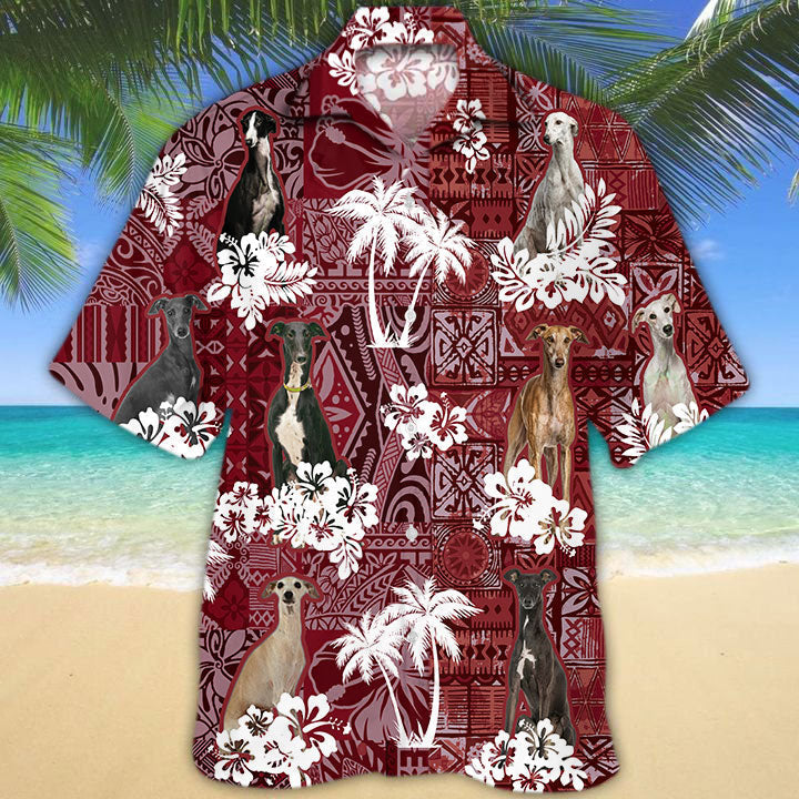 Greyhound Hawaiian Shirt, Dog Hawaiian Shirts Red Tribal Pattern