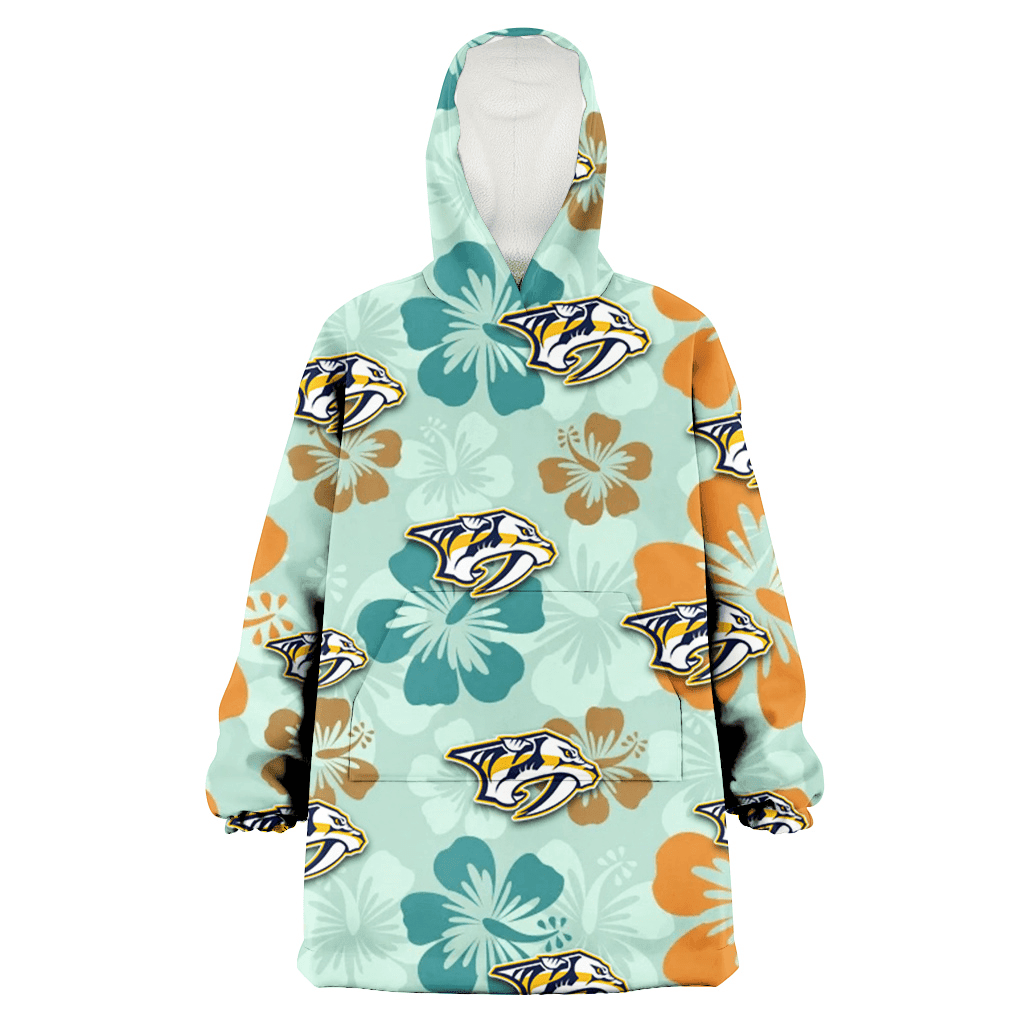 Nashville Predators Orange Green Hibiscus Pale Green Background 3D Printed Hoodie Blanket Snug Hoodie