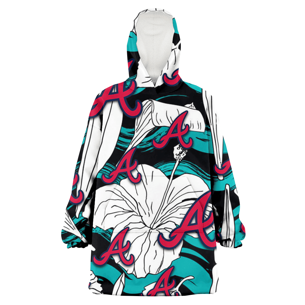 Atlanta Braves White Hibiscus Turquoise Wave Black Background 3D Printed Hoodie Blanket Snug Hoodie