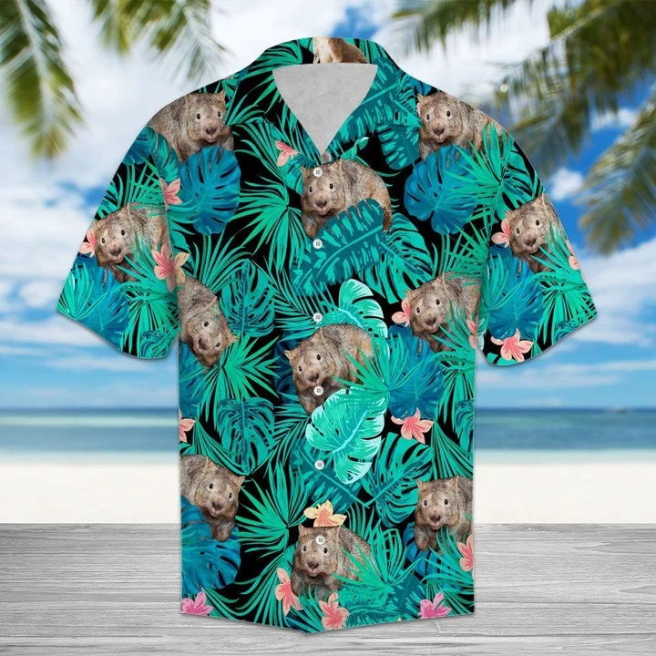 Wombat Tropical Palm Leaves And Pink Flower Pattern Hawaiian Shirt