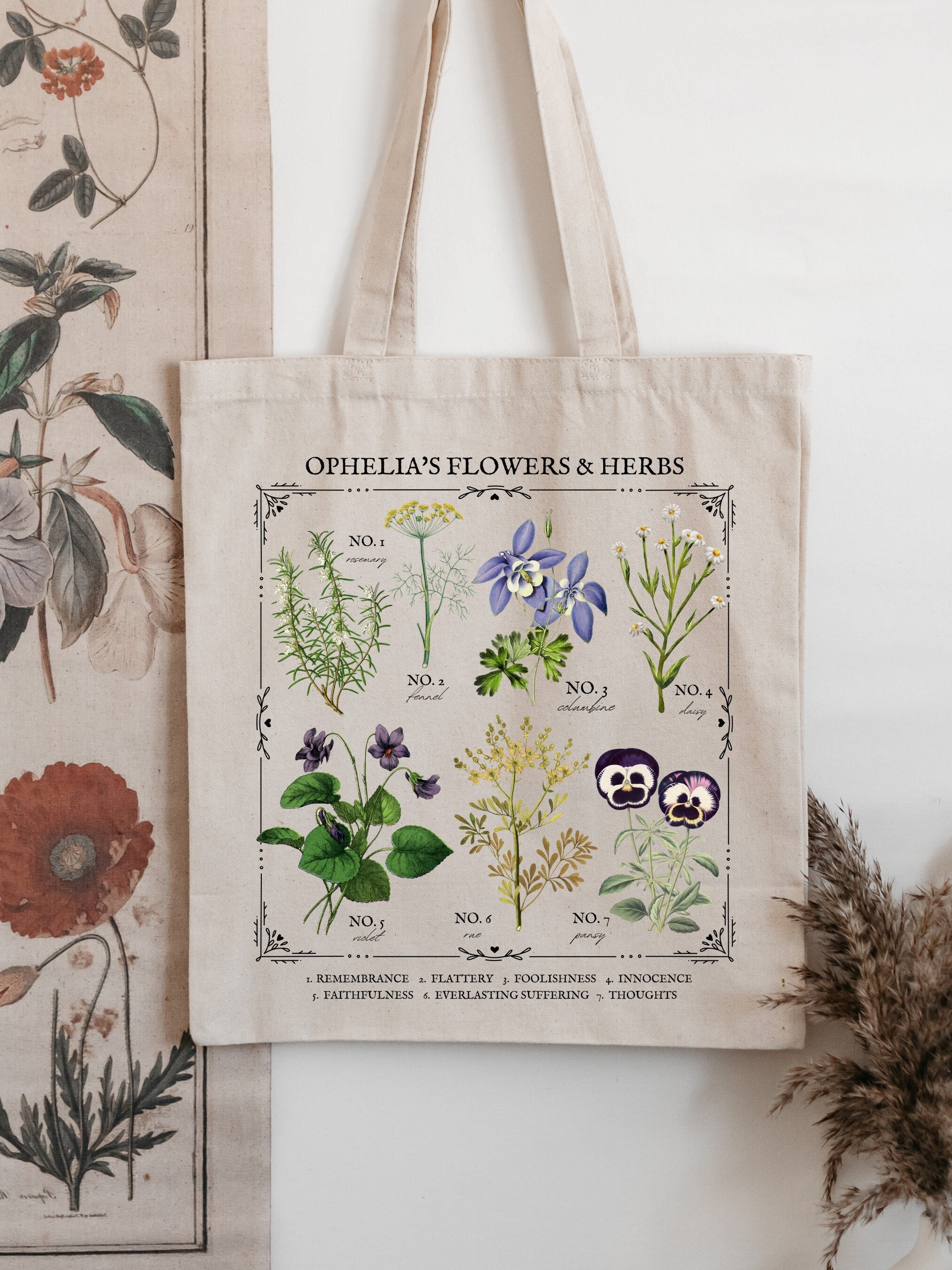 Shakespeare Hamlet Ophelia Flower Chart Herbology Floral Tote Book Bag * Bookish Bookworm Gift * Poet Literature Shirt * Dark Academia