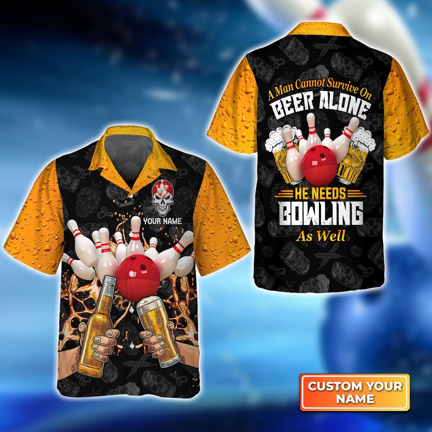 A Man Cannot Survive On Beer Alone He Needs Bowling As Well Personalized Name 3D Hawaiian Shirt