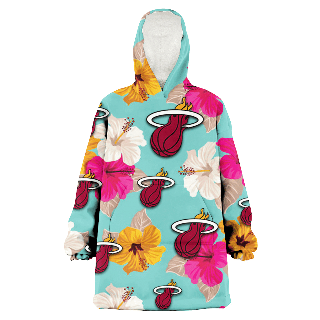 Miami Heat Pink Yellow White Hibiscus Turquoise Background 3D Printed Hoodie Blanket Snug Hoodie