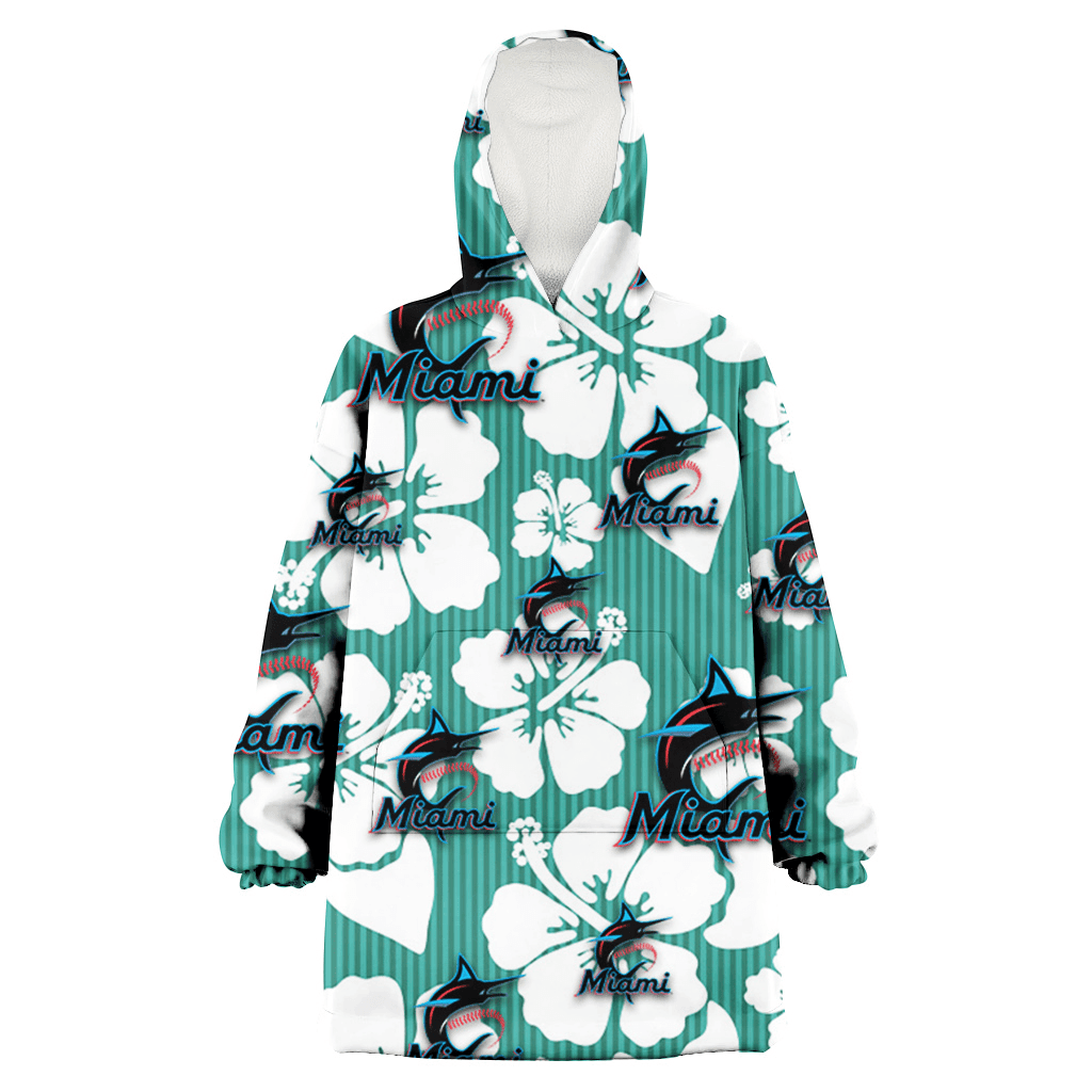 Miami Marlins White Hibiscus Turquoise Stripe Background 3D Printed Hoodie Blanket Snug Hoodie