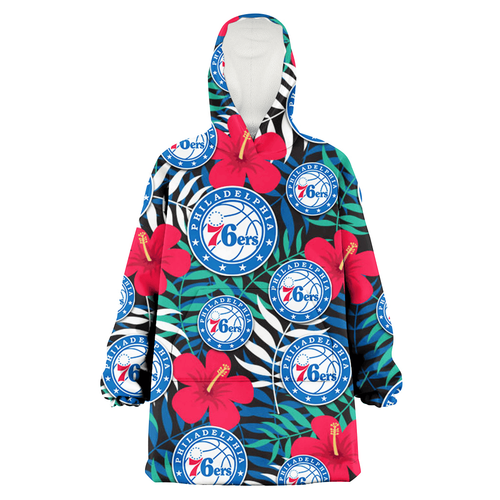 Philadelphia 76ers Red Hibiscus Green Blue White Leaf Black Background 3D Printed Hoodie Blanket Snug Hoodie