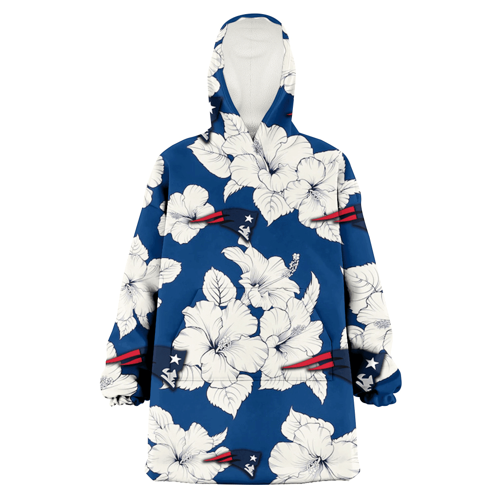 New England Patriots White Big Hibiscus Blue Background 3D Printed Hoodie Blanket Snug Hoodie