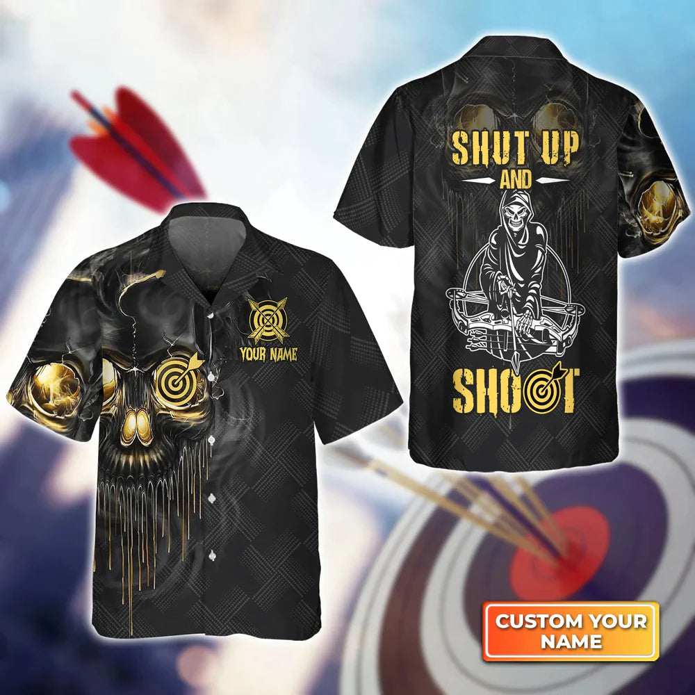 Archery Skull Shut Up And Shoot Personalized Name 3D Hawaiian Shirt, Gift For Archer Sport Lovers, Gift For Archer