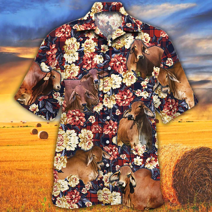 Red Brahman Cattle Red Plaid Hawaiian Shirt Men, Cow Hawaiian Shirt, Summer Hawaiian Shirt, Animal Shirt