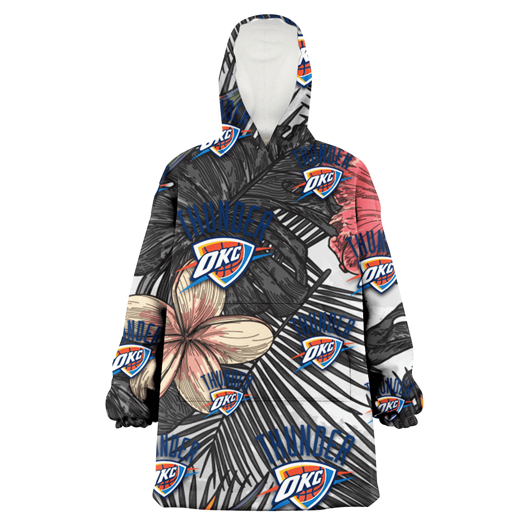 Oklahoma City Thunder Pink Sketch Hibiscus Gray Palm Leaf White Background 3D Printed Hoodie Blanket Snug Hoodie