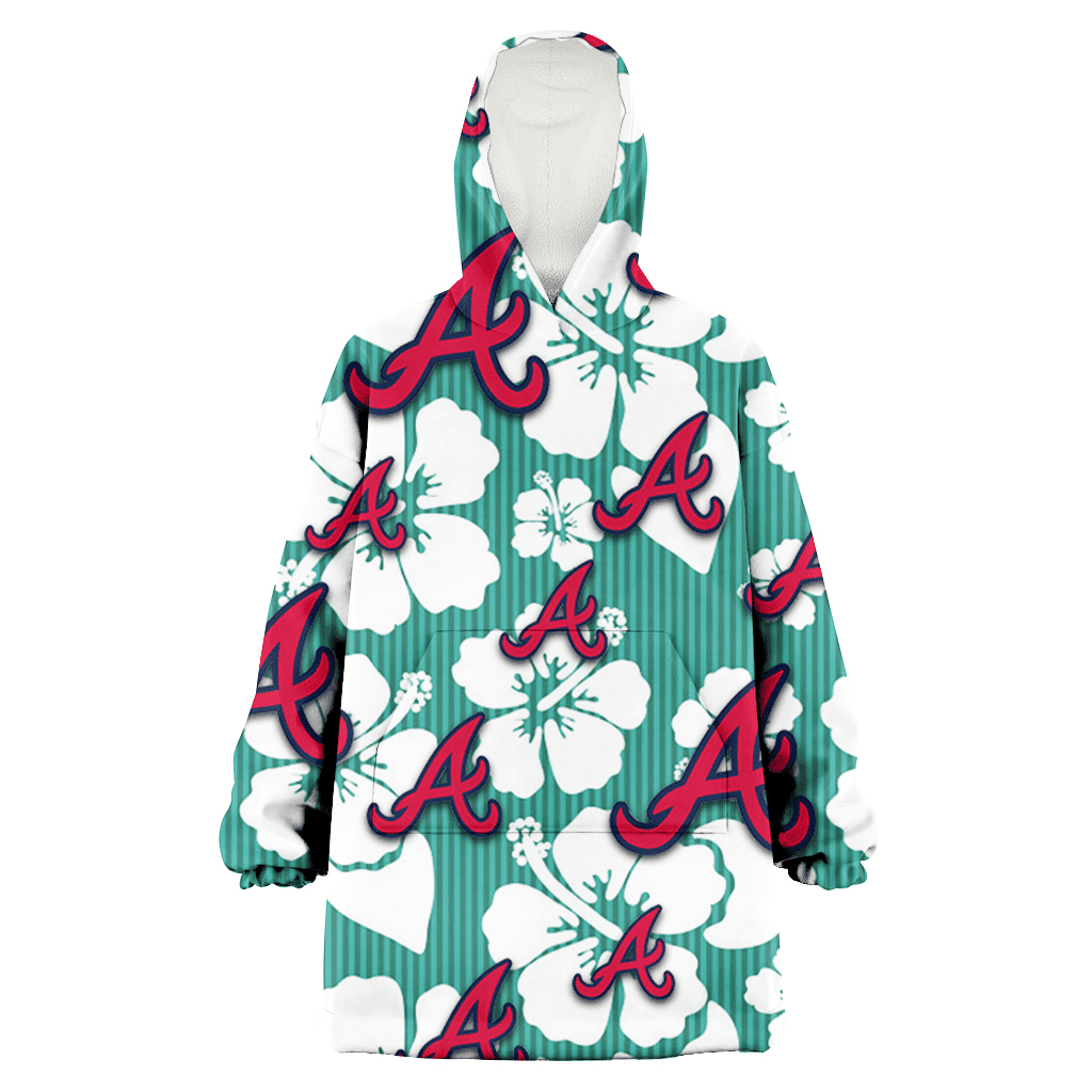 Atlanta Braves White Hibiscus Turquoise Stripe Background 3D Printed Hoodie Blanket Snug Hoodie