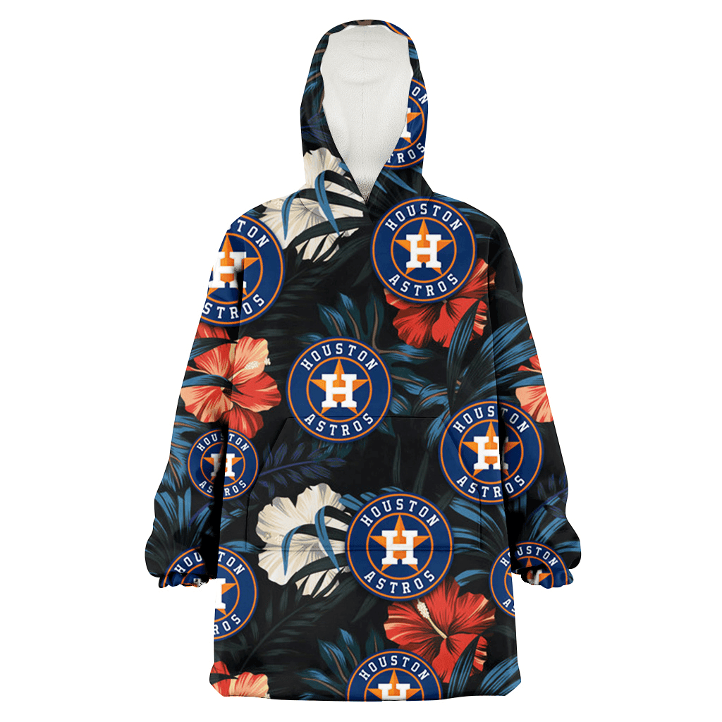Houston Astros Red And White Hibiscus Dark Leaf Black Background 3D Printed Hoodie Blanket Snug Hoodie