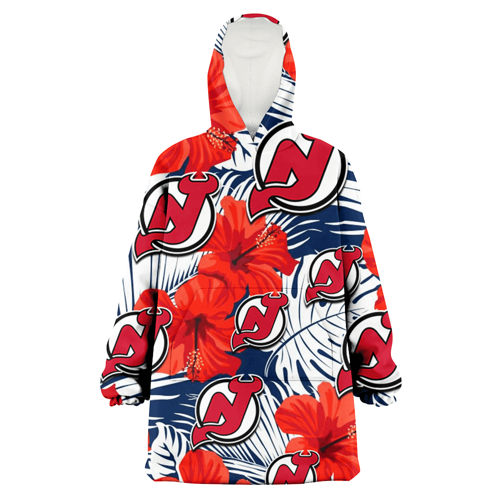 New Jersey Devils White Tropical Leaf Red Hibiscus Navy Background 3D Printed Hoodie Blanket Snug Hoodie