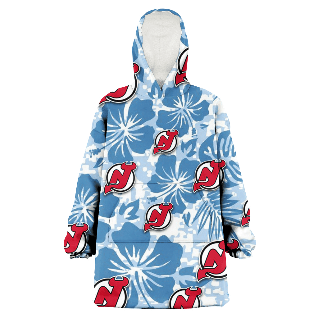 New Jersey Devils Blue Hibiscus Blue Leaves Vintage Background 3D Printed Hoodie Blanket Snug Hoodie