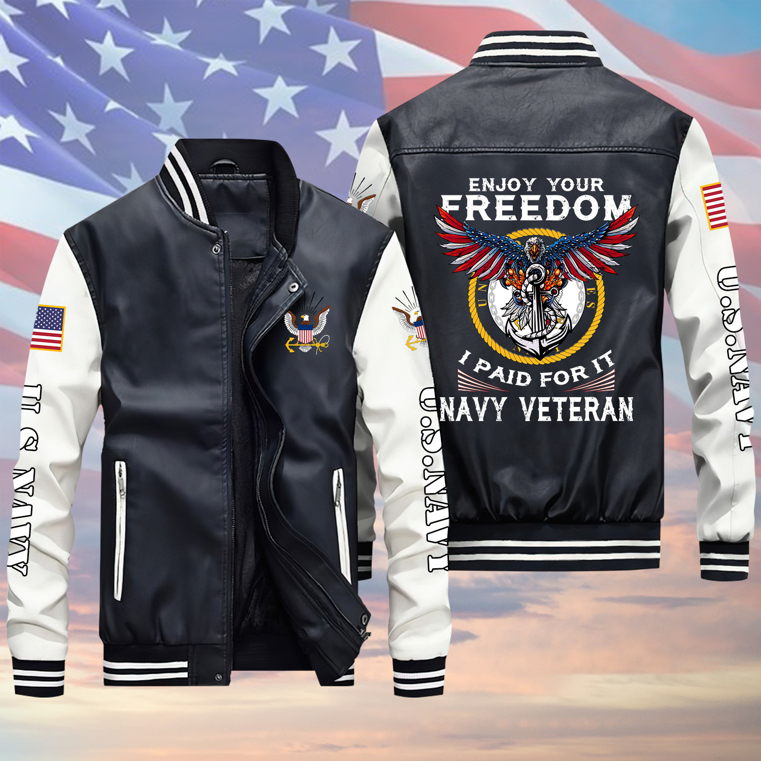 Enjoy Your Freedom I Paid For It US Navy Veteran Black Winter Gear Leather Bomber Leterman Varsity Jacket