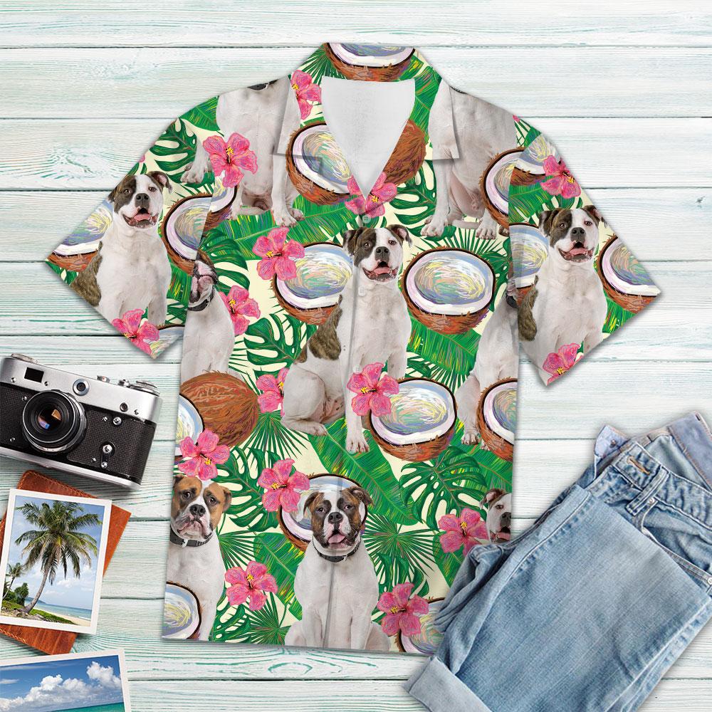 American Bulldog Tropical Coconut Hawaiian Shirt, Dog Hawaiian Shirt Men, Short Sleeve Hawaiian Aloha Shirt