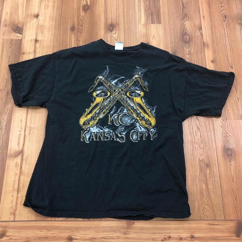 Vintage Black Kansas City Saxophone Crew Neck T Shirt Adult