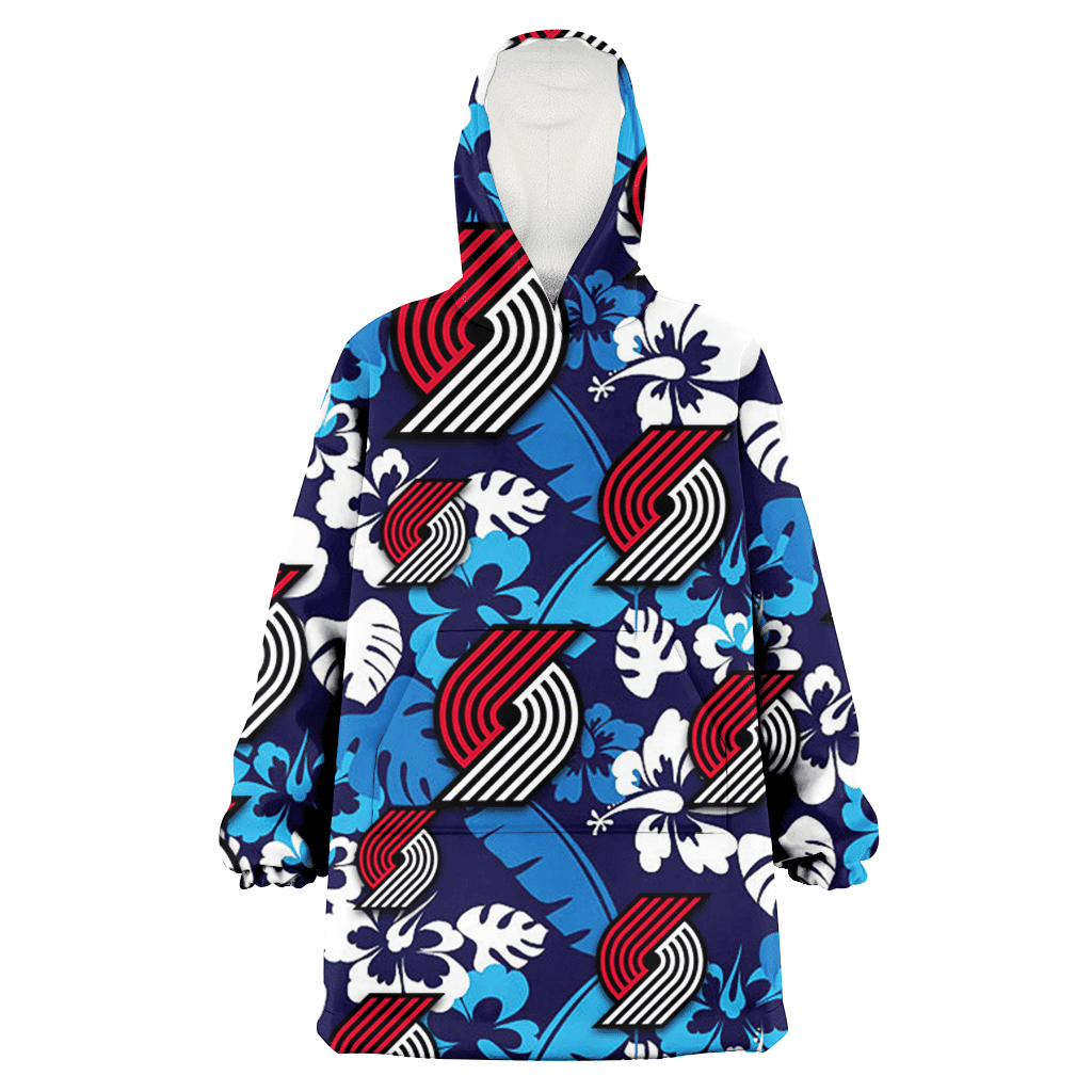 Portland Trail Blazers Light Blue Hibiscus Banana Leaf Navy Background 3D Printed Hoodie Blanket Snug Hoodie