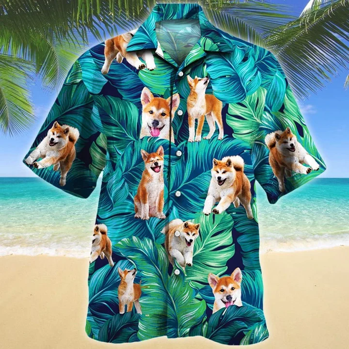 Happy Akita Dog Lovers Gift Ideas Summer Beach Palm Tree Hawaiian Shirt