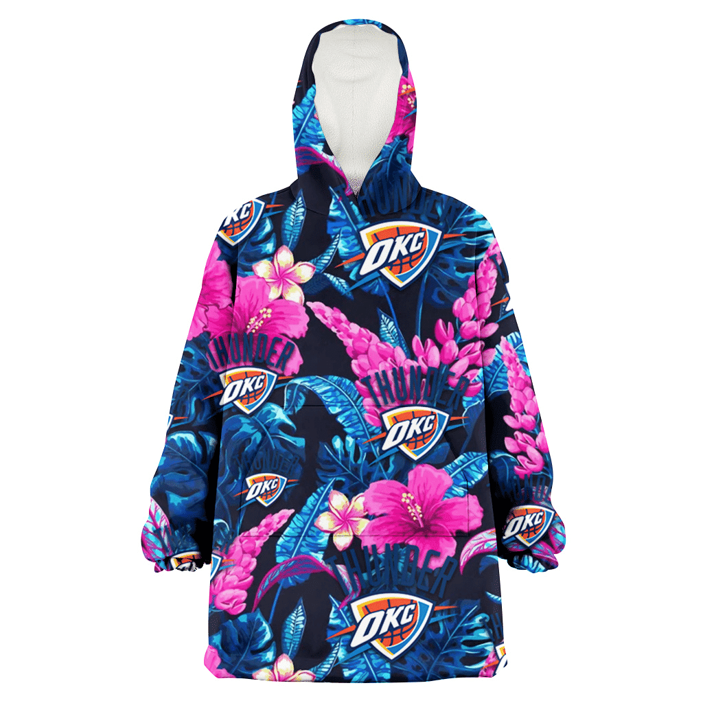 Oklahoma City Thunder Violet Red Hibiscus Blue Leaf Black Background 3D Printed Hoodie Blanket Snug Hoodie