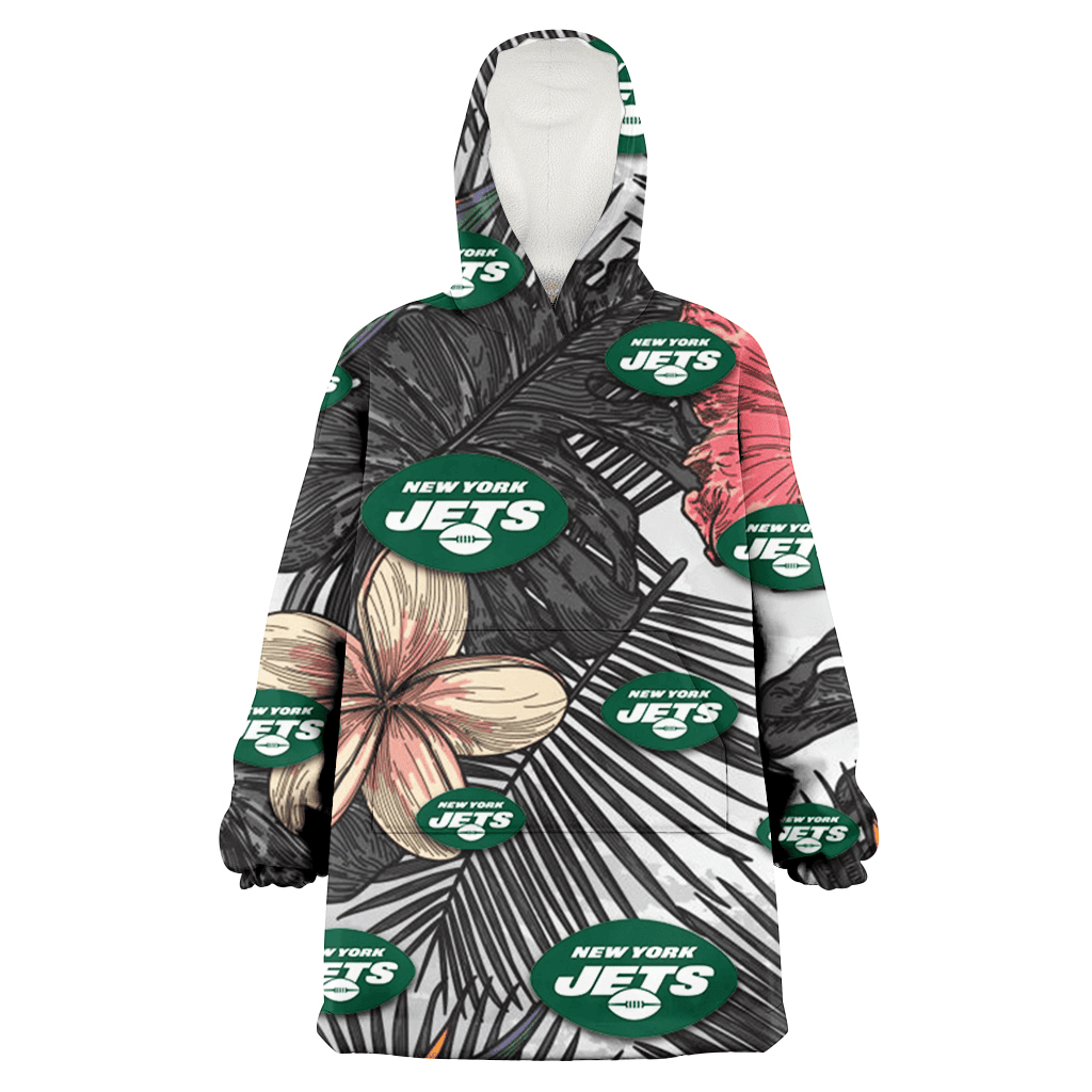 New York Jets Pink Sketch Hibiscus Gray Palm Leaf White Background 3D Printed Hoodie Blanket Snug Hoodie