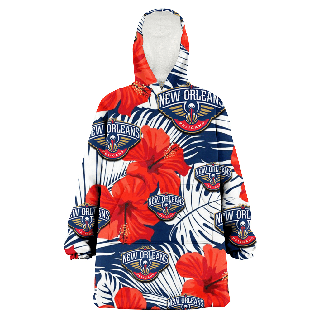 New Orlean Pelicans White Tropical Leaf Red Hibiscus Navy Background 3D Printed Hoodie Blanket Snug Hoodie