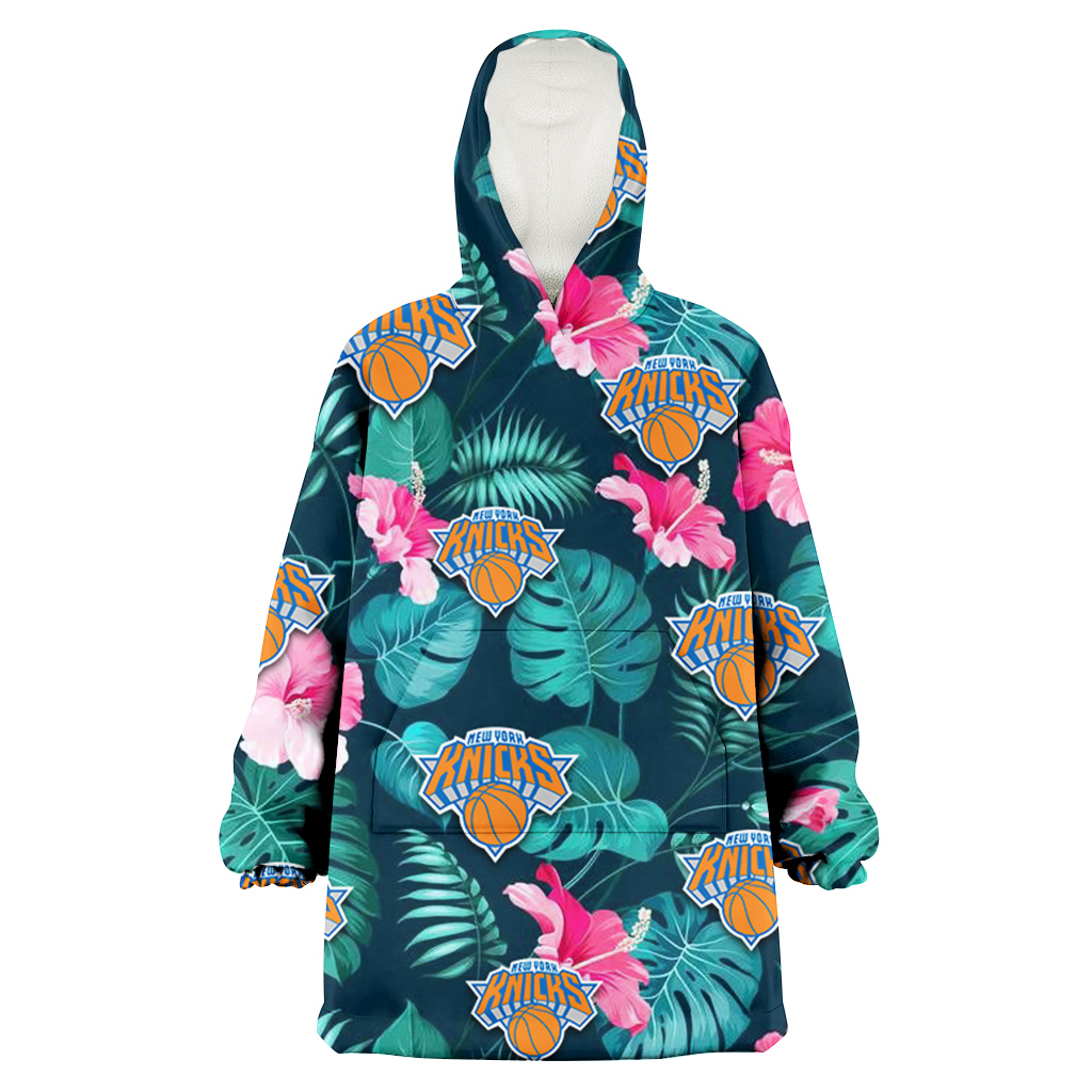 New York Knicks Pink Hibiscus Green Leaves Dark Background 3D Printed Hoodie Blanket Snug Hoodie