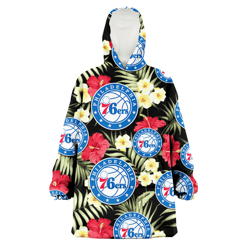 Philadelphia 76ers Red Hibiscus Yellow Porcelain Flower Black Background 3D Printed Hoodie Blanket Snug Hoodie