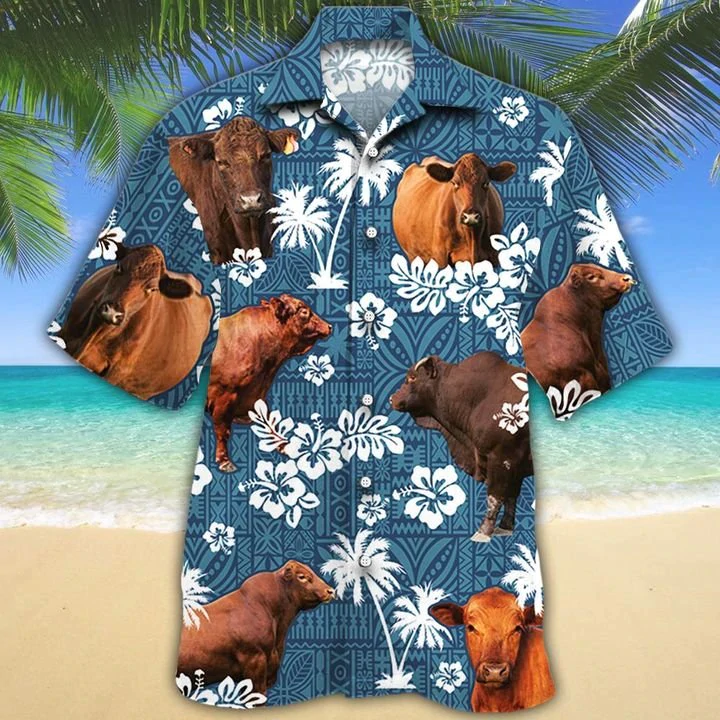 Red Angus Cattle Lovers Blue Tribal Hawaiian Shirt, Hawaiian Shirts For Men, Women