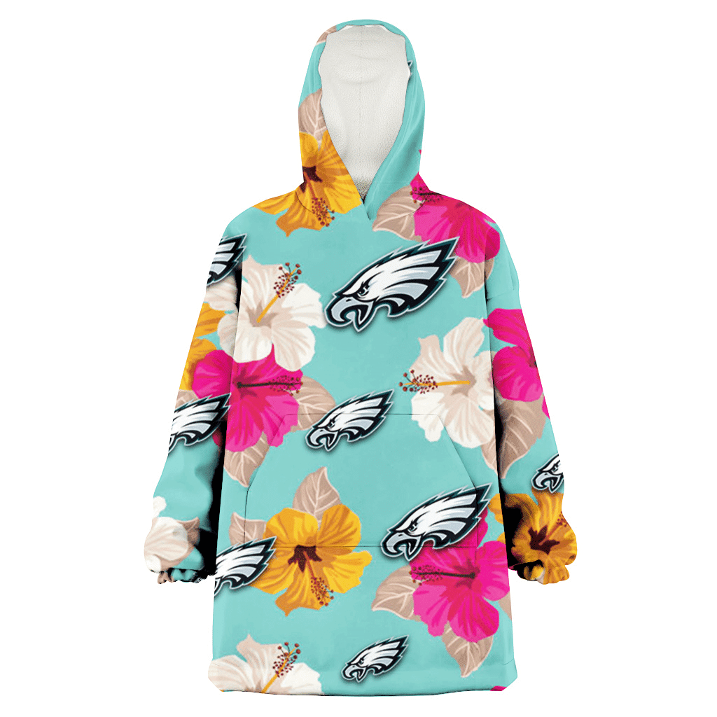 Philadelphia Eagles Pink Yellow White Hibiscus Turquoise Background 3D Printed Hoodie Blanket Snug Hoodie