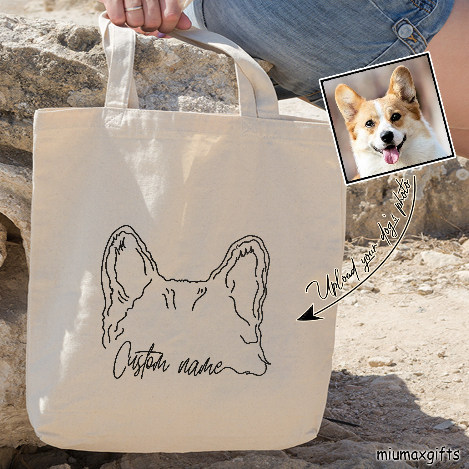 Custom Dog Ears Outline Tote Bag, Corgi Dog Ears Outline Bag, Dog Ears Line Art Bag, Dog Ears Drawing Bag, Dog Minimalist Art Bag, Dog Bag