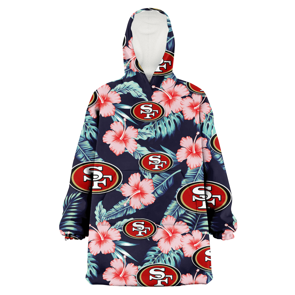 San Francisco 49ers Coral Hibiscus Green Banana Leaf Black Background 3D Printed Hoodie Blanket Snug Hoodie