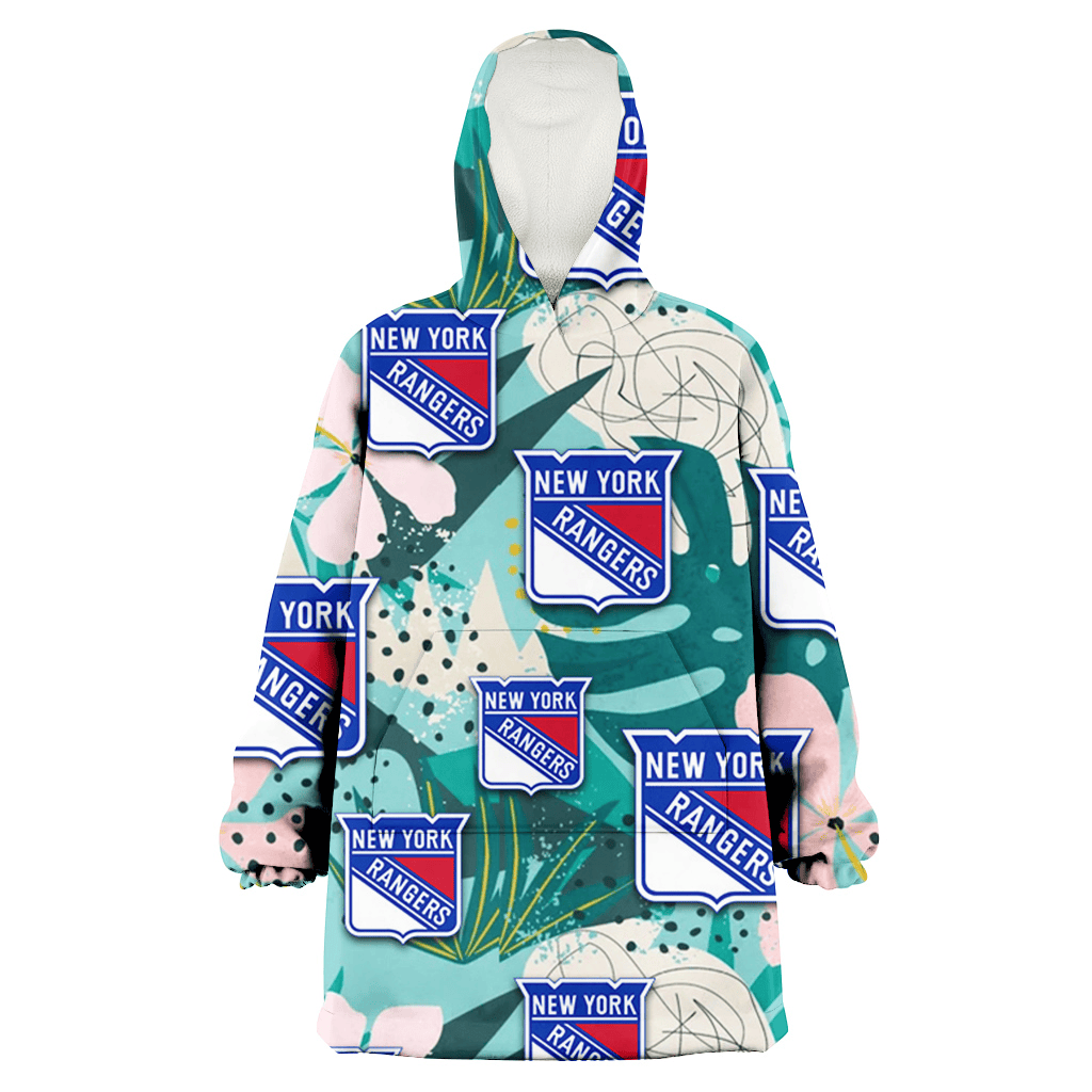 New York Rangers Pastel Hibiscus Palm Leaf Tiny Dot Green Background 3D Printed Hoodie Blanket Snug Hoodie