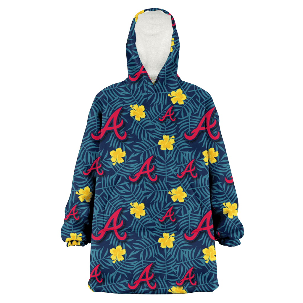 Atlanta Braves Yellow Hibiscus Cadet Blue Leaf Navy Background 3D Printed Hoodie Blanket Snug Hoodie