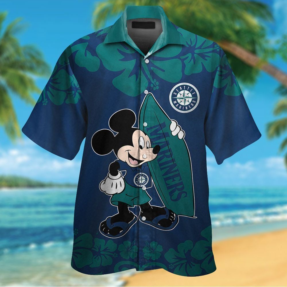 Seattle Mariners Mickey Mouse Short Sleeve Button Up Tropical Hawaiian Shirt